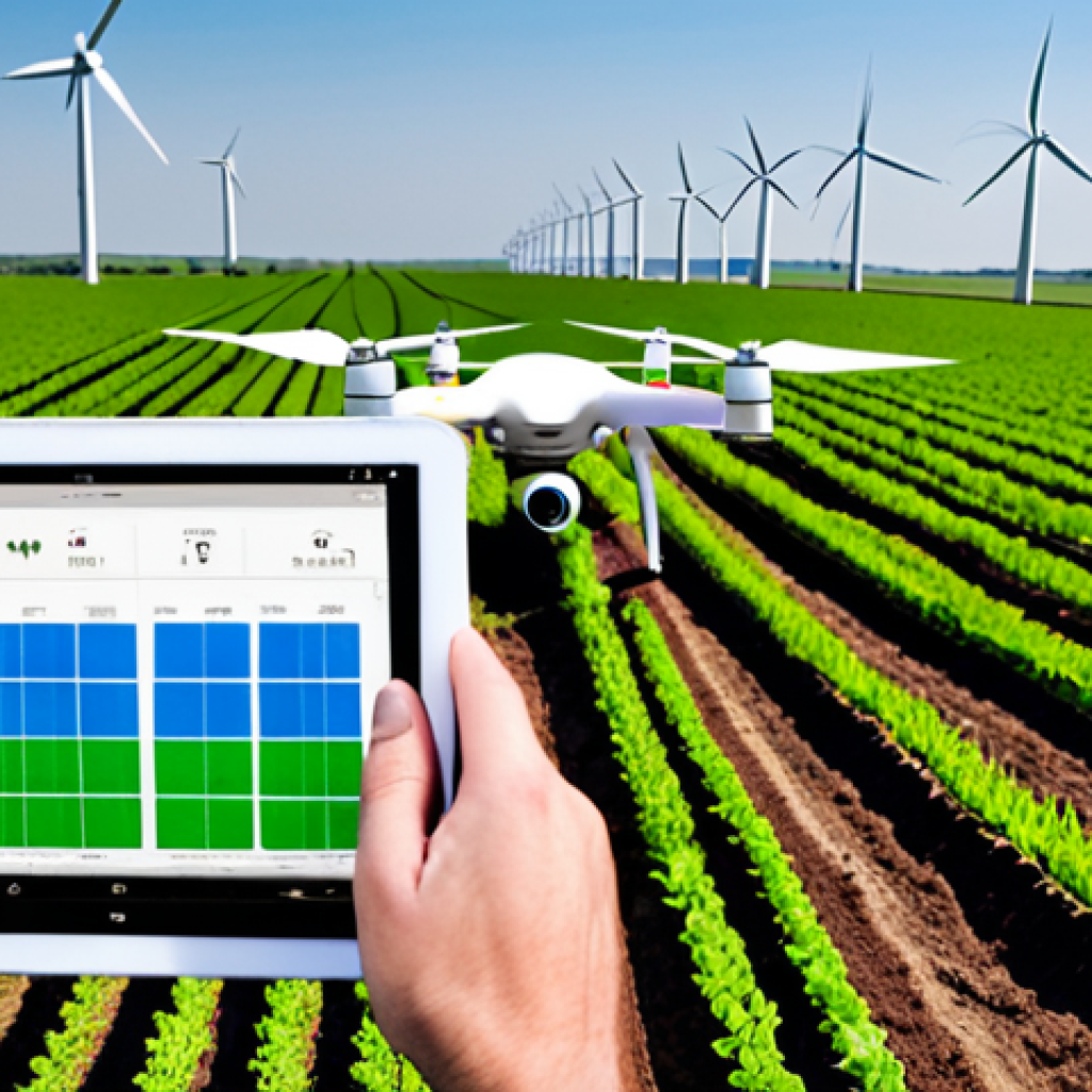 **Image Prompt:** A modern farm showcasing precision agriculture. A drone flies over fields planted with rows of crops. Below, a farmer uses a tablet displaying data analysis of soil composition and crop health metrics. In the background, wind turbines symbolize sustainable energy use. Captions: Precision Agriculture, Tech-Savvy Roles, Sustainability.