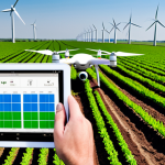 **Image Prompt:** A modern farm showcasing precision agriculture. A drone flies over fields planted with rows of crops. Below, a farmer uses a tablet displaying data analysis of soil composition and crop health metrics. In the background, wind turbines symbolize sustainable energy use. Captions: Precision Agriculture, Tech-Savvy Roles, Sustainability.