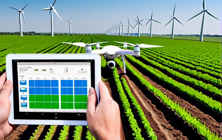 **Image Prompt:** A modern farm showcasing precision agriculture. A drone flies over fields planted with rows of crops. Below, a farmer uses a tablet displaying data analysis of soil composition and crop health metrics. In the background, wind turbines symbolize sustainable energy use. Captions: Precision Agriculture, Tech-Savvy Roles, Sustainability.