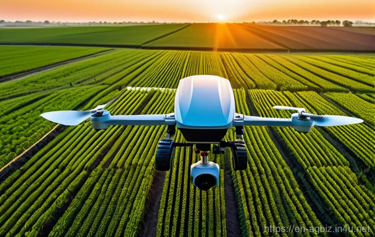 농업경영사와 스마트 농업의 접점 - **Prompt:** A visually rich, high-angle shot capturing a panoramic view of a sprawling, meticulously...