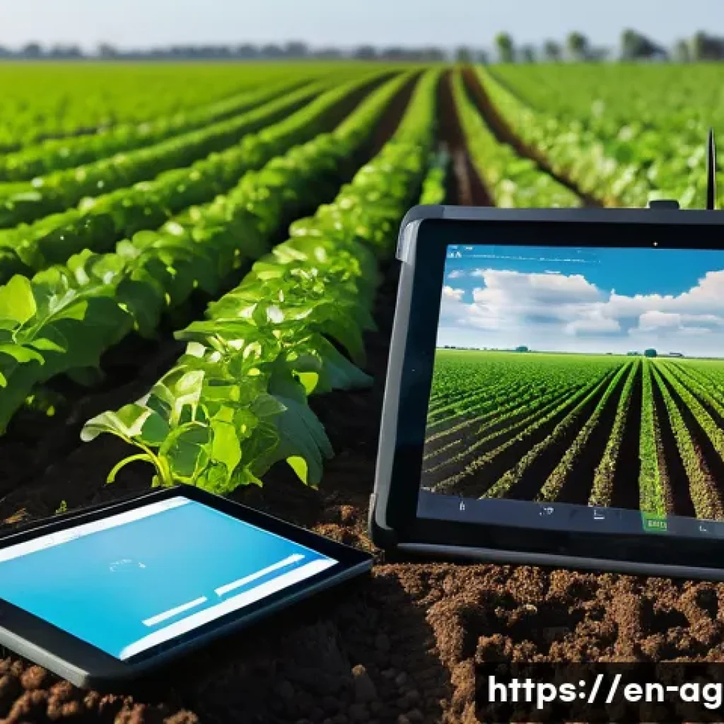 농업경영사와 스마트팜의 연관성 - **Prompt:** A vibrant, sun-drenched agricultural field stretching to the horizon. In the foreground,...