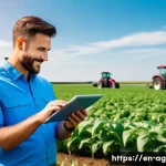 Home 18 농업경영사 취업 성공 사례 - A modern agricultural manager using a tablet outdoors on a vibrant green farm, surrounded by healthy...