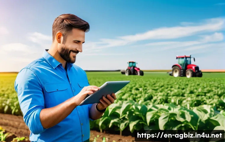 농업경영사 취업 성공 사례 - A modern agricultural manager using a tablet outdoors on a vibrant green farm, surrounded by healthy...