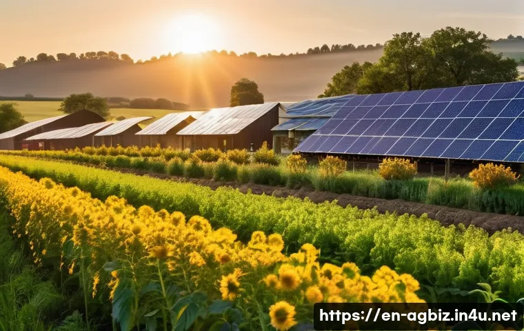 농업경영사로서의 사회적 책임 - A sustainable farm landscape during golden hour, featuring diverse crop fields practicing crop rotat...