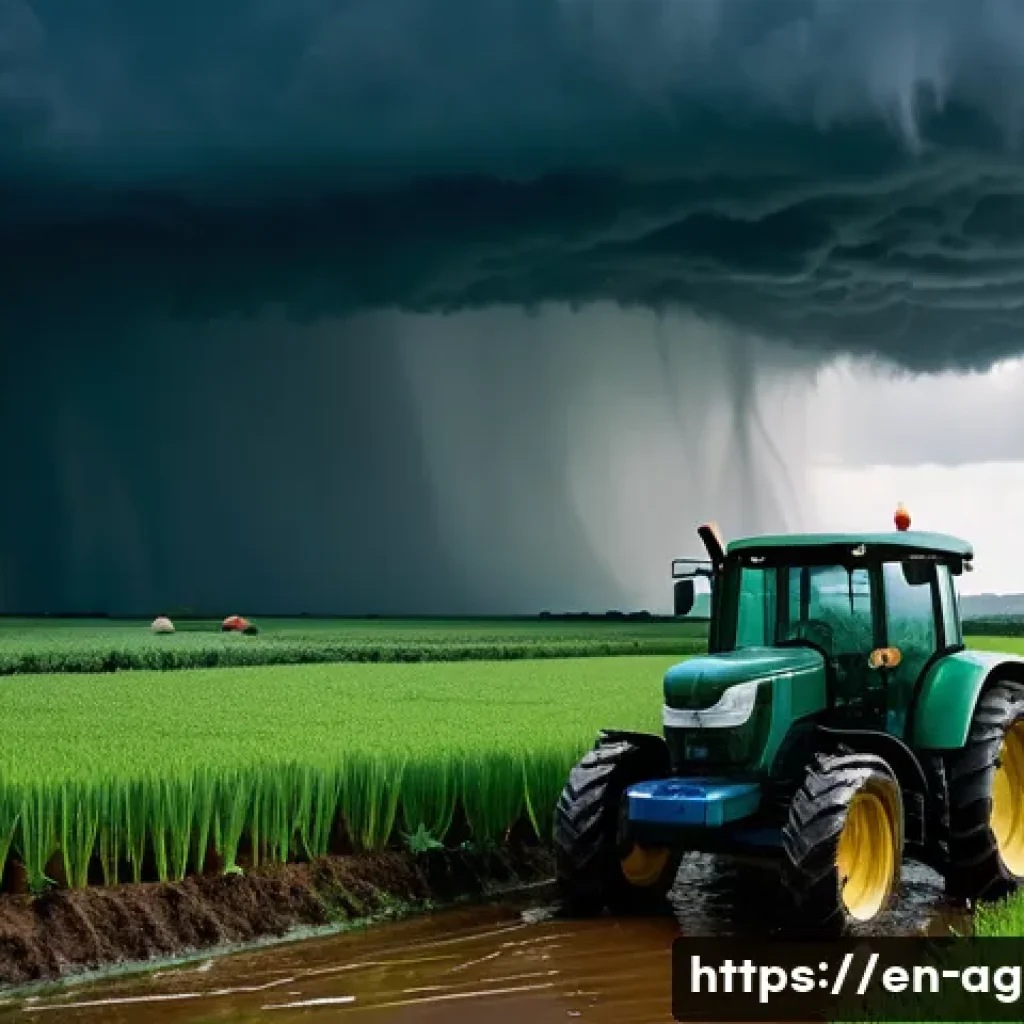 농업경영사 이론과 실무 차이점 - A rural farm scene during an unexpected weather event: a seasoned farmer in practical work clothes w...