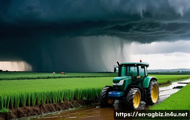 농업경영사 이론과 실무 차이점 - A rural farm scene during an unexpected weather event: a seasoned farmer in practical work clothes w...