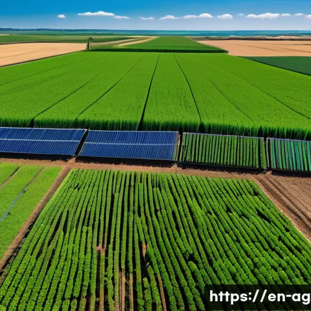농업경영사 실무와 경영 효율화 전략 - A modern farm field scene showcasing precision agriculture: vibrant green crops planted in neat rows...