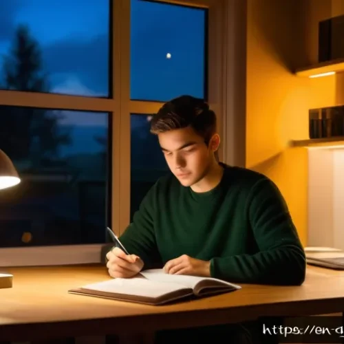 농업경영사 시험 합격 후기 - A focused young adult studying late at night in a cozy, modern home office, surrounded by agricultur...