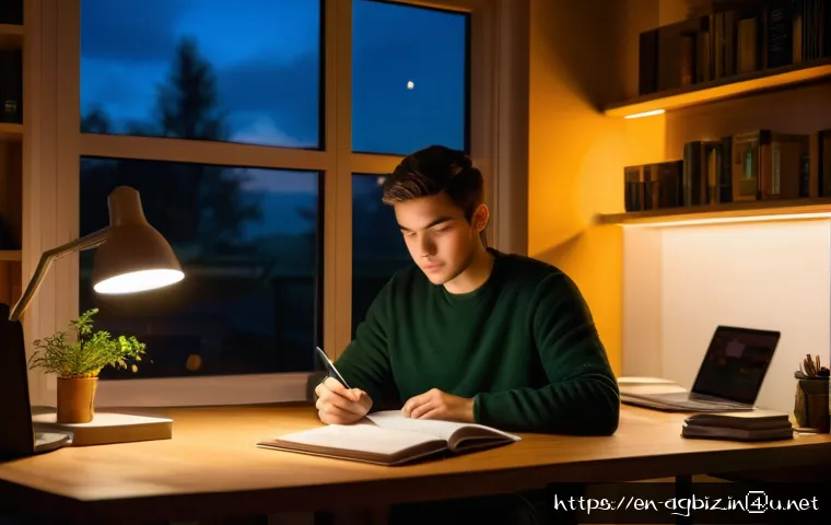 농업경영사 시험 합격 후기 - A focused young adult studying late at night in a cozy, modern home office, surrounded by agricultur...