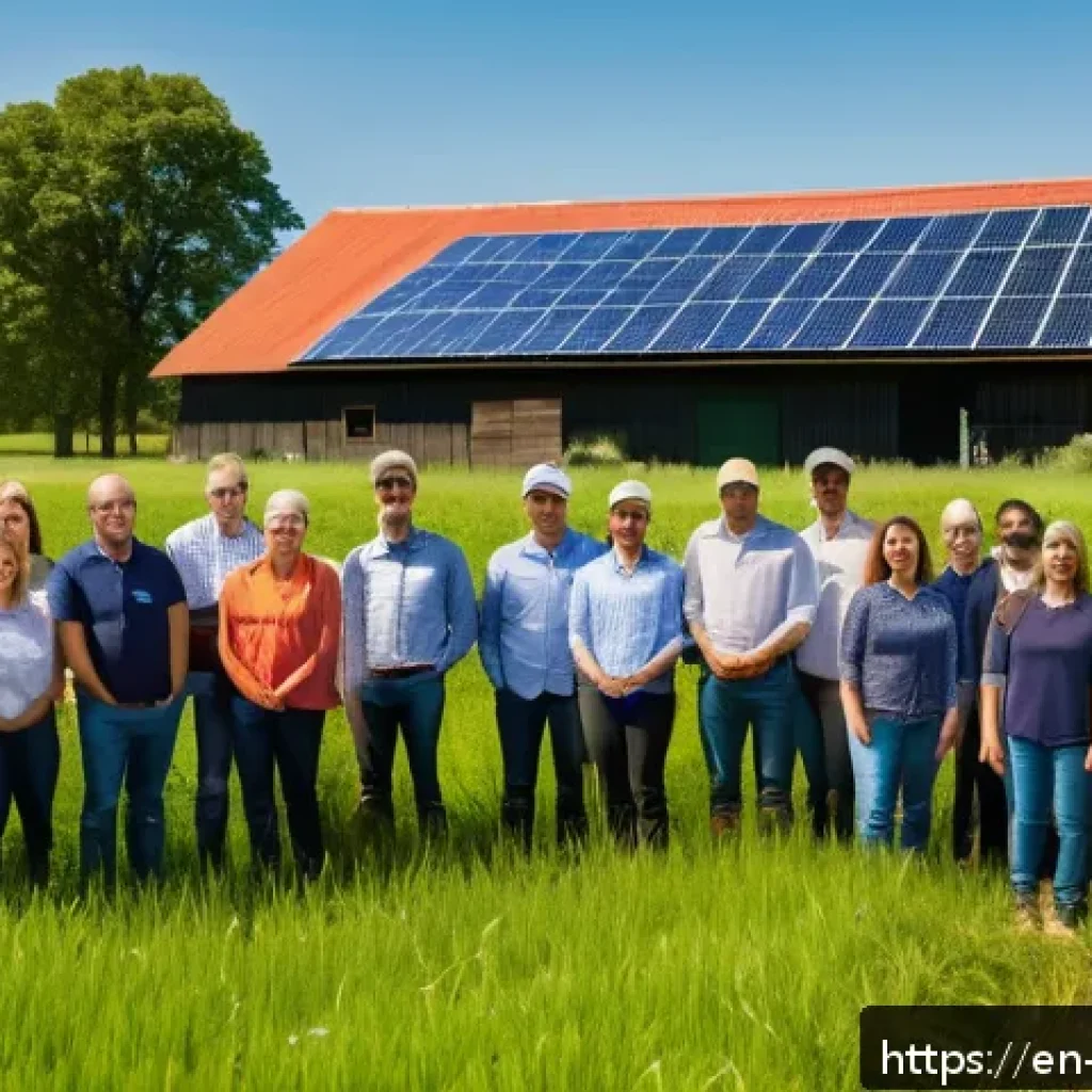 농업경영사로서의 리더십 개발 - A diverse agricultural leadership team gathered outdoors on a sunny day at a modern farm, engaged in...