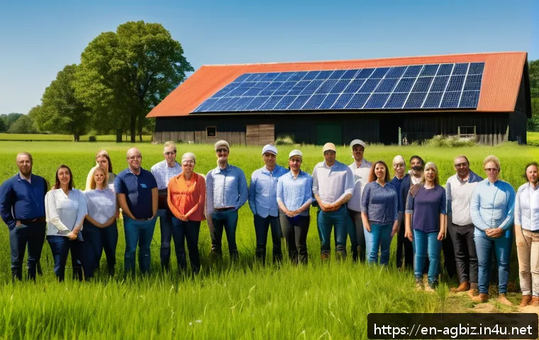 농업경영사로서의 리더십 개발 - A diverse agricultural leadership team gathered outdoors on a sunny day at a modern farm, engaged in...