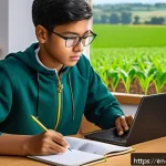 농업경영사 실기 시험 준비 노하우 - A focused study environment featuring a young adult agricultural student sitting at a wooden desk fi...