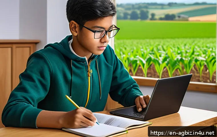 농업경영사 실기 시험 준비 노하우 - A focused study environment featuring a young adult agricultural student sitting at a wooden desk fi...