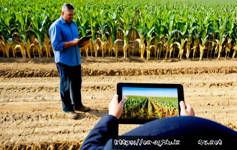 농업경영사 직무의 도전 과제 - Photorealistic agricultural business manager standing at the edge of a large American cornfield duri...